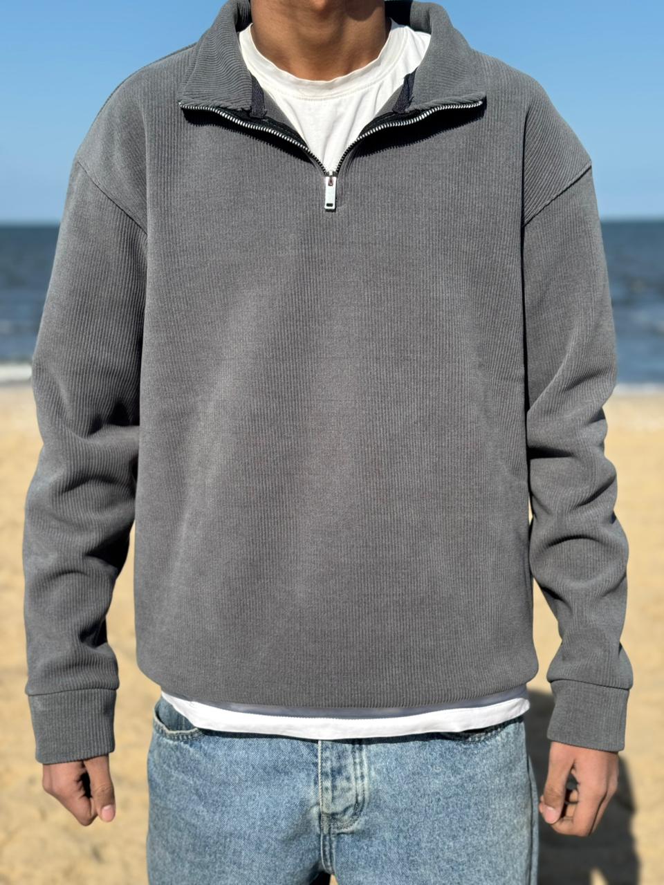 Dark grey velvet quarter zipper